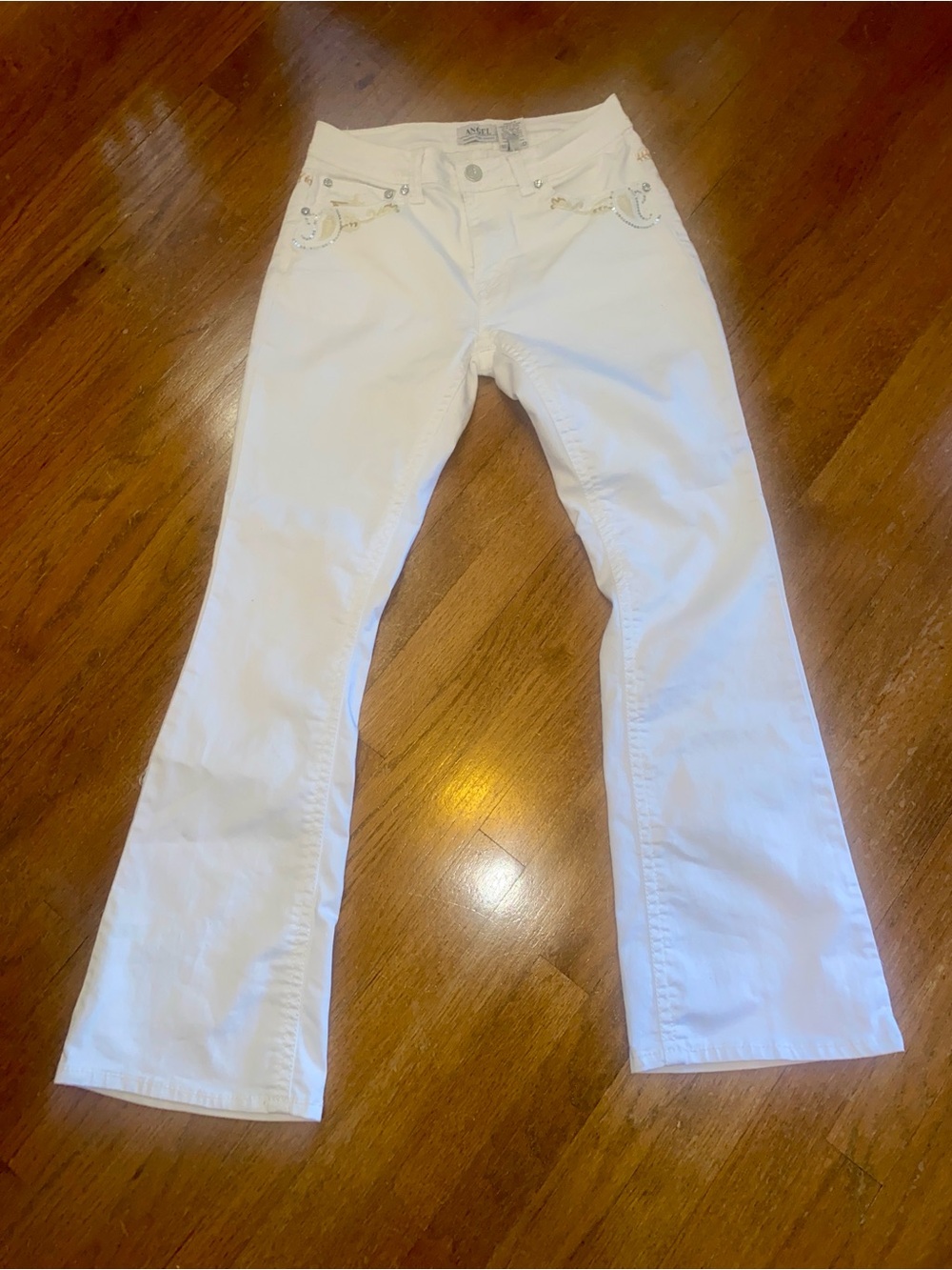 Angel rhinestone and gold thread bootcut jeans